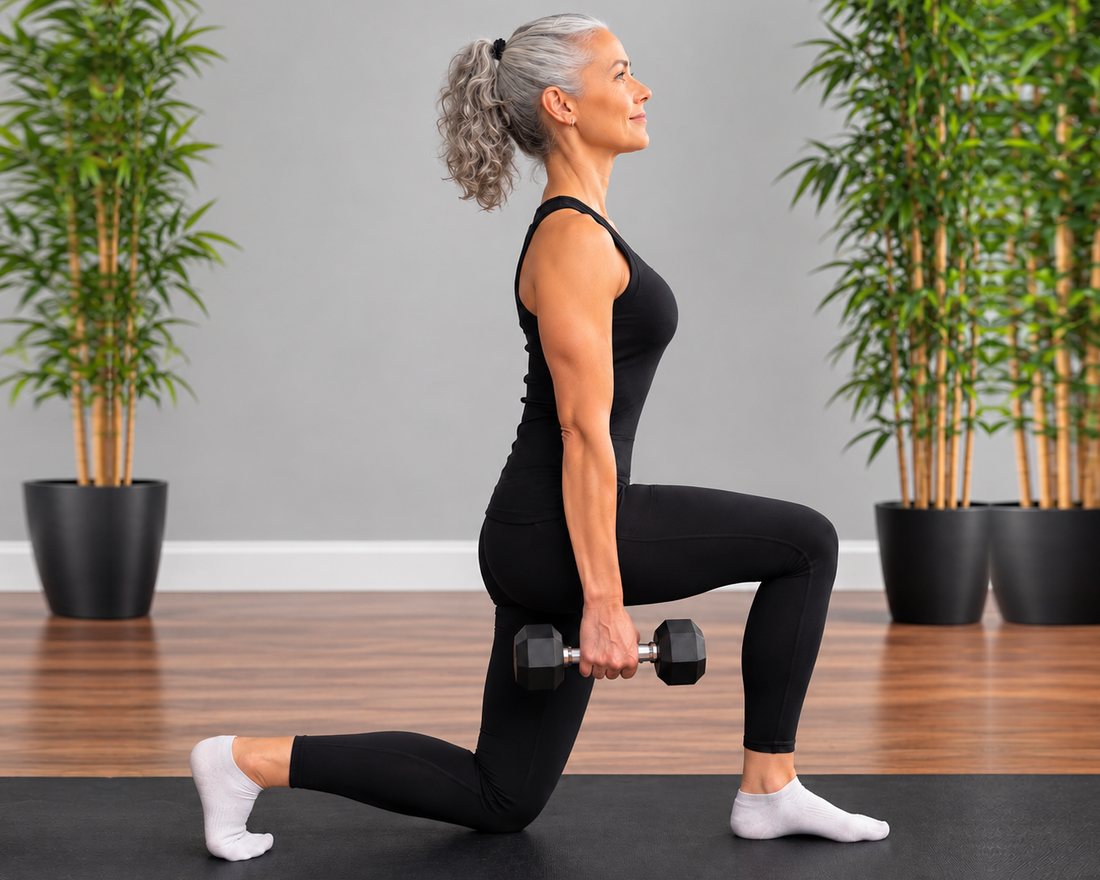 Val in a tall, balanced lunge holding a dumbbell